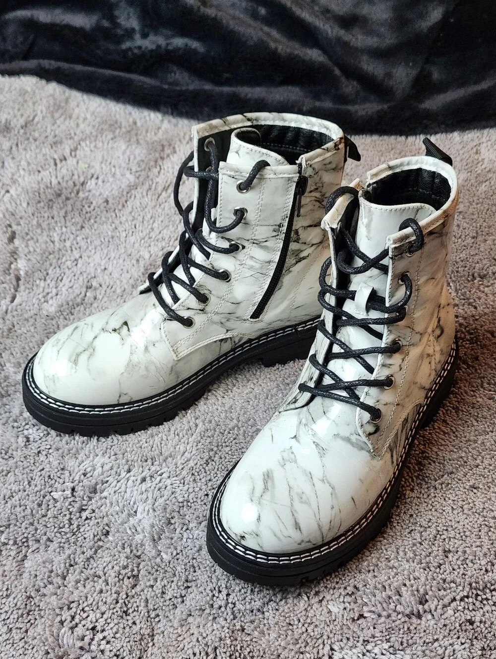 Kids MIA Marble-Print Lace-Up Combat Boots - White/Black